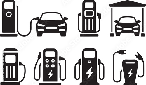 Electric car charging station set with plug icons and vehicle energy refueling symbols for eco friendly transport system