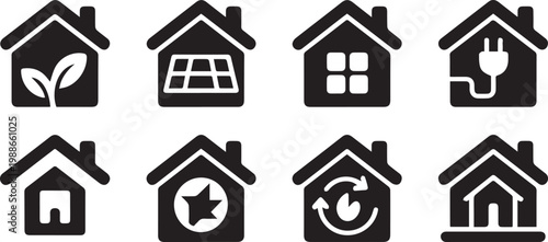 Eco friendly house icons collection showing sustainable living energy efficiency solar power and green home technology