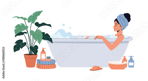 Woman wearing a blue head towel relaxing in a bathtub filled with soap bubbles in a bathroom with a large green plant.
