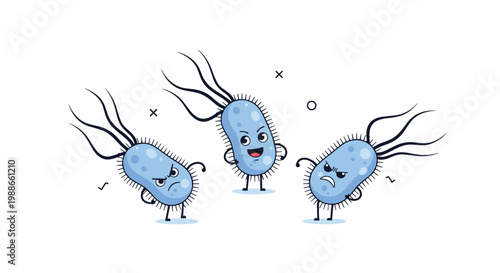 Group of three blue cartoon microbe characters with angry and determined expressions against a white background.