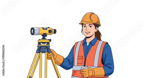 Professional female surveyor in a hard hat and safety vest standing next to a theodolite surveying tool on a tripod.