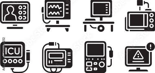 Hospital monitor icons set silhouette medical screen icu equipment patient life support device diagnostic technology tool