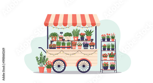 Charming mobile flower shop cart filled with a wide variety of colorful potted plants and flowers for sale outdoors.
