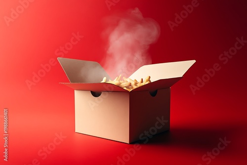 A cardboard box filled with steaming hot french fries on a red background
