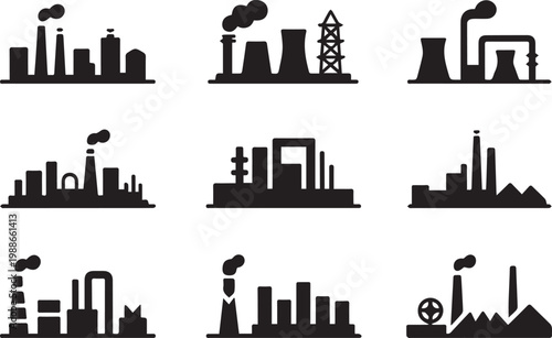 Industrial factory buildings set silhouette icons for power plant manufacturing facility construction vector illustration