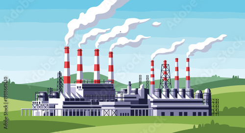Large industrial power plant with multiple chimneys releasing white smoke situated in a vast green rural landscape.