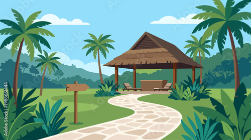 Tropical Eco Resort Arrival Scene With Palms and Path
