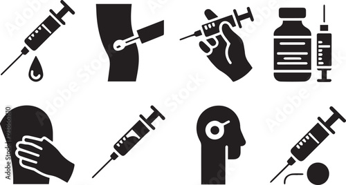medical injection icons showing syringe needle vial administering medicine vaccine dose for treatment