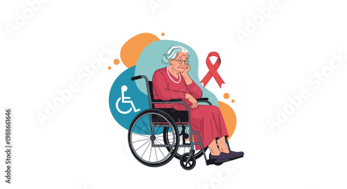 Senior woman sitting in a wheelchair looking pensive with medical symbols for disability and healthcare in the background.