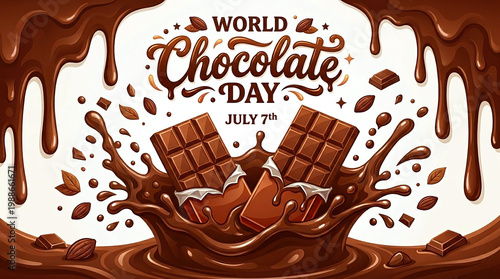 World chocolate day celebration with chocolate bars and liquid splash