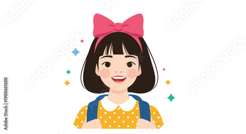 Happy young schoolgirl with a large pink bow in her hair wearing a yellow polka dot dress and a blue backpack.