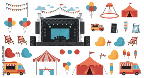 Large collection of festival and fairground icons including a concert stage food trucks tents and colorful balloons.