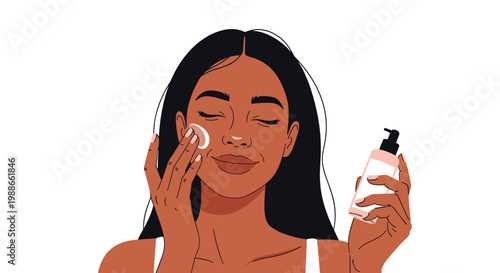 Beautiful woman with dark hair applying facial toner or lotion using a cotton pad as part of her skincare routine.
