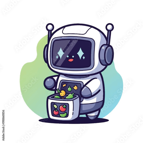 Cute Robot Character Holding a Basket of Fruits and Vegetables.