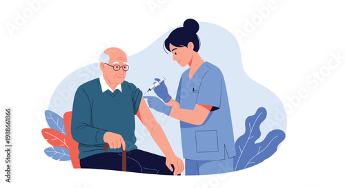 Female nurse in blue scrubs giving a vaccination or medical injection to a senior man resting his hand on a walking cane.