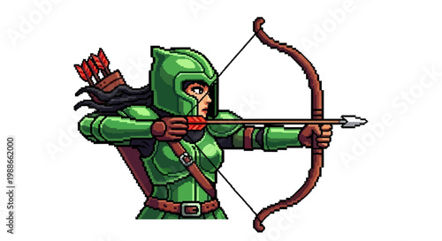 Pixel Art Archer Warrior Aiming Bow and Arrow.