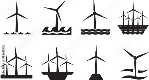 Wind turbine energy generator icons representing renewable power plants offshore wind farms and sustainable electricity