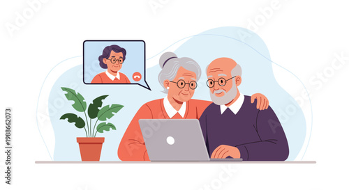Happy elderly couple sitting together at home and enjoying a video call with their family on a laptop computer.