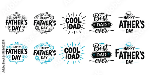 Happy fathers day lettering set with tie hat and mustache icons for card design.