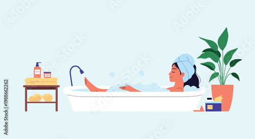 Young woman enjoying a relaxing bubble bath in a white tub while wearing a towel on her head in a spa-like bathroom.
