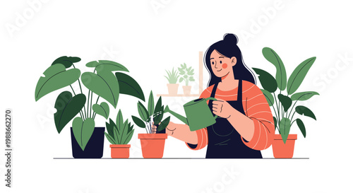 Young woman wearing an apron watering various green potted houseplants with a green watering can in her bright home.