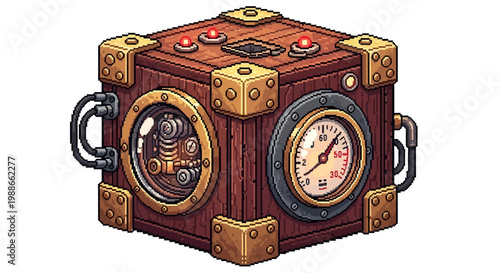 Steampunk Wooden Cube Device with Gears and Gauges.