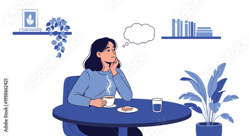 Young woman sitting at a table with a cup of hot coffee and a cookie lost in thought with a speech bubble above.