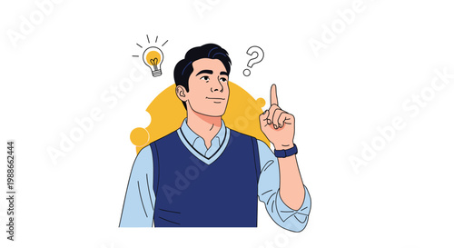 Young man pointing up with a satisfied expression as a bright lightbulb idea icon and a question mark appear above his head.
