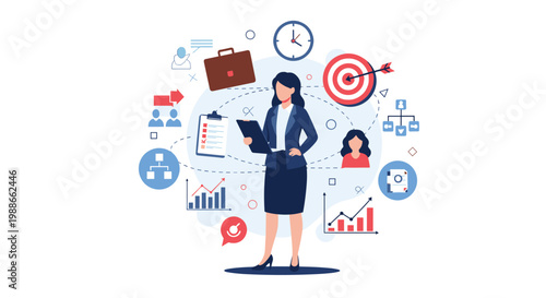 Professional businesswoman surrounded by various business icons representing time management goals analytics and strategy.