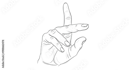 Line art drawing of a human hand with an extended index finger gesturing to point or touch an object on a white background.