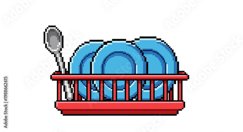 Pixel Art Dish Rack with Blue Plates and Spoon.