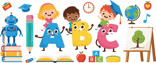 Cartoon Children with ABC Letters, School Supplies, and Educational Tools for Learning, School, and Classroom-Themed Designs