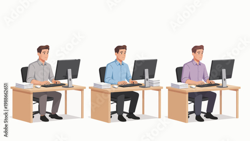 Three identical men working at desks