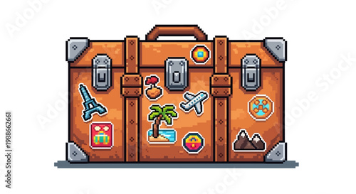 Vintage suitcase adorned with travel stickers and souvenirs.