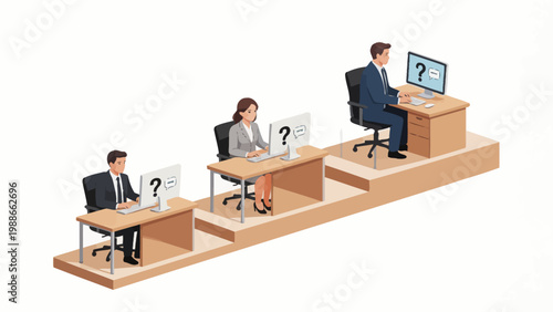 office workers on tiered desks