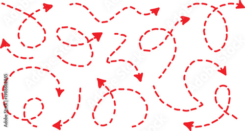 Red dashed arrow elements arranged in various curved and spiral patterns providing clear visual indicators for designers who need dynamic path directions to highlight specific marketing content or emp