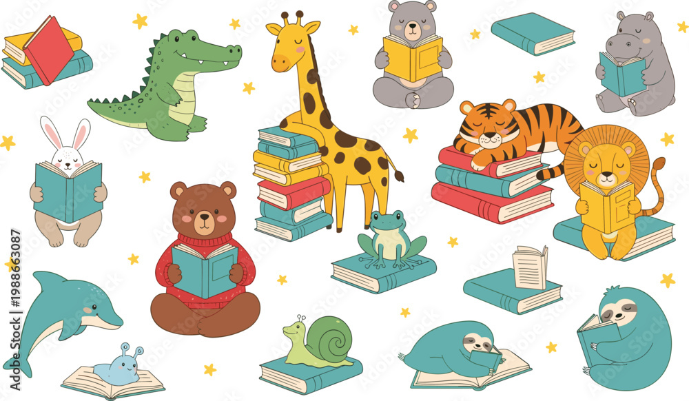 Fototapeta premium Set of Cute Cartoon Animals Including Bear, Tiger, Giraffe, Dolphin, and More Reading Books for Educational and Animal-Themed Designs