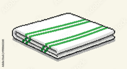 Folded White Towel with Green Stripes Isometric View.