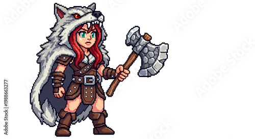 Pixel Art Viking Warrior Woman with Wolf Fur Cloak and Axe.