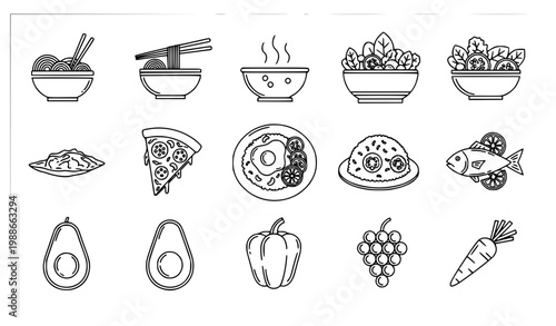 clean and modern meal icon set in black and white outline style featuring various food items such as pasta, rice, pizza, salad, soup, breakfast dishes, and dinner meals. Consistent stroke width, minim