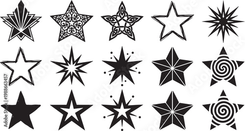 Collection of Decorative Star Icons and Vector Silhouette Elements Featuring Ornate Filigree Celtic Knots Tribal Spirals and Geometric Celestial Shapes