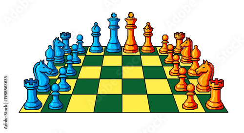 Colorful Chess Pieces Arranged on Board Ready for Game.