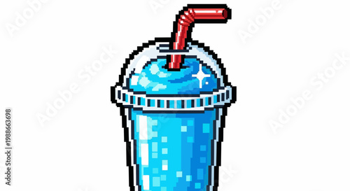 Pixel Art Blue Slushy Drink with Red Straw.