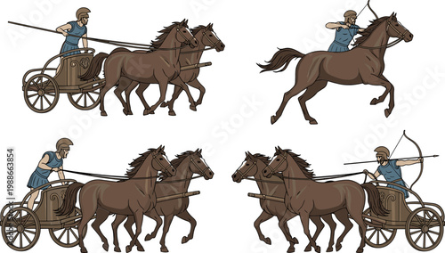 Ancient Chariot and Horse Rider Vector Illustration Set with Warriors, Archers, and Historical Transportation Scenes for History, Warfare, and Classical Culture Designs
