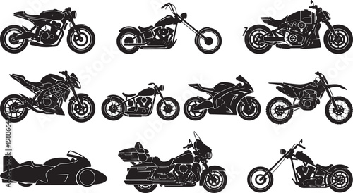 Collection of Motorcycle Vector Silhouettes Featuring Various Bike Types Including Choppers Sportbikes Dirt Bikes Cruisers Cafe Racers and Touring Motorcycles