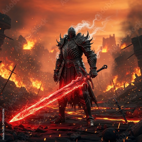 Armored warrior wielding a glowing sword amidst fiery destruction