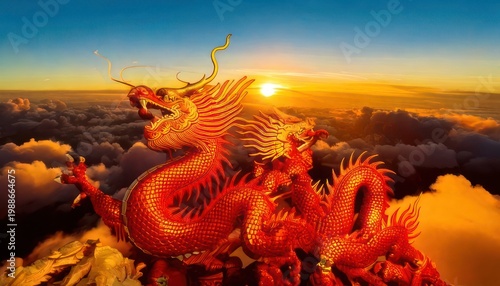 Majestic Red Dragon Soaring Above Clouds at Sunset.