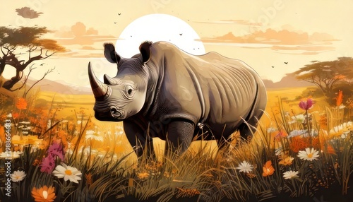Majestic Rhino in African Savannah - A Vibrant Wildlife Illustration.