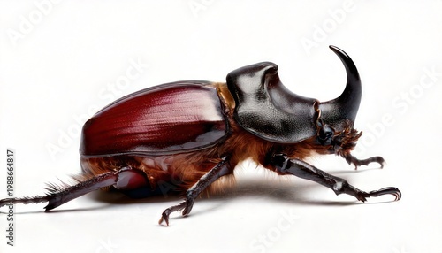 Majestic rhinoceros beetle with prominent horn against a white background.