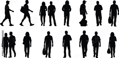 Konstfotografi Black silhouette collection of diverse people walking, standing, and carrying bags in profile and front view for urban lifestyle design